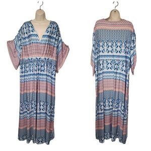 ellos Plus Size 22/24 V-Neck Kimono Short Sleeve Maxi Dress Multi Blue/Pink